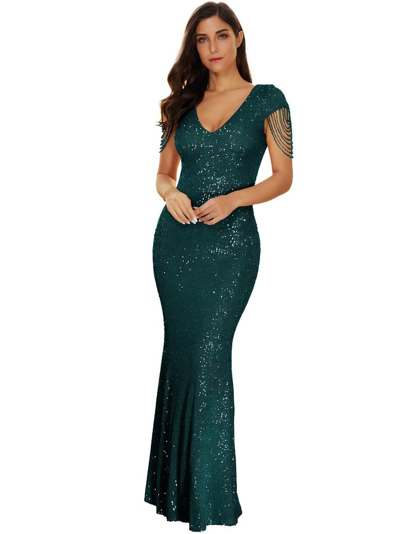 Meilun Women's V Neck Sequin Formal Evening Dress Tassel Bead Sleeve Mermaid Long Gown 1920S Party Maxi Military Dress (Green, L) - Image 1